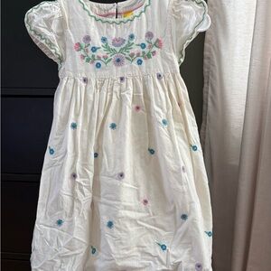 Mini Boden White Dress with Pink Trim and Multicolor Floral Embroidery